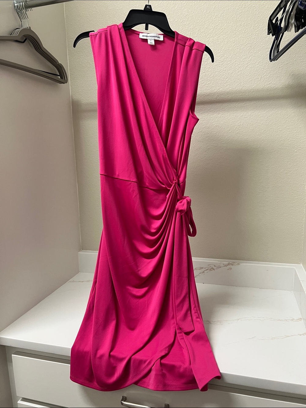 Amazon Essentials Fuchsia Sleeveless Faux-Wrap Midi Dress with Side Knot